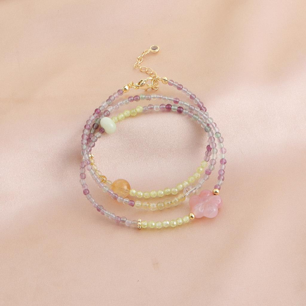 Color fluorite chalcedony crystal three-circle beaded bracelet necklace bracelet two-in-one dopamine