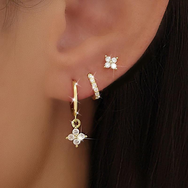 New Simple Copper Zircon Stud & Hoop Earrings: Water Drop & Four-Leaf Clover Set золотой