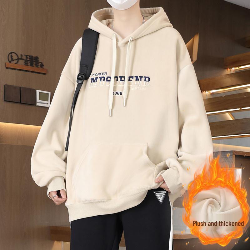 Men's 2025 Style Double-Sided Fleece Hoodie, Thickened Inner Layer, Solid Color, Trendy Winter Outerwear for Teens with Hood