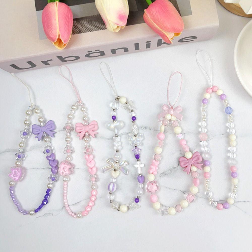 Plastic Pink Bead Love Bow Pendant Beaded Bowknot Y2K Phone Lanyard Female Lady Girl