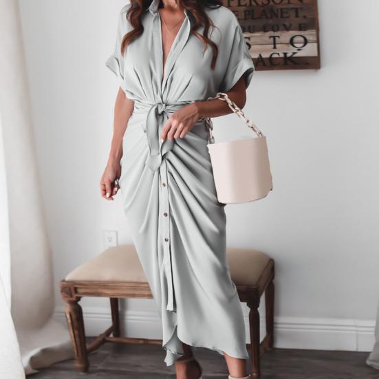 Office Lady Maxi Dress Turn Down Collar Ruched Solid Color Short Sleeve