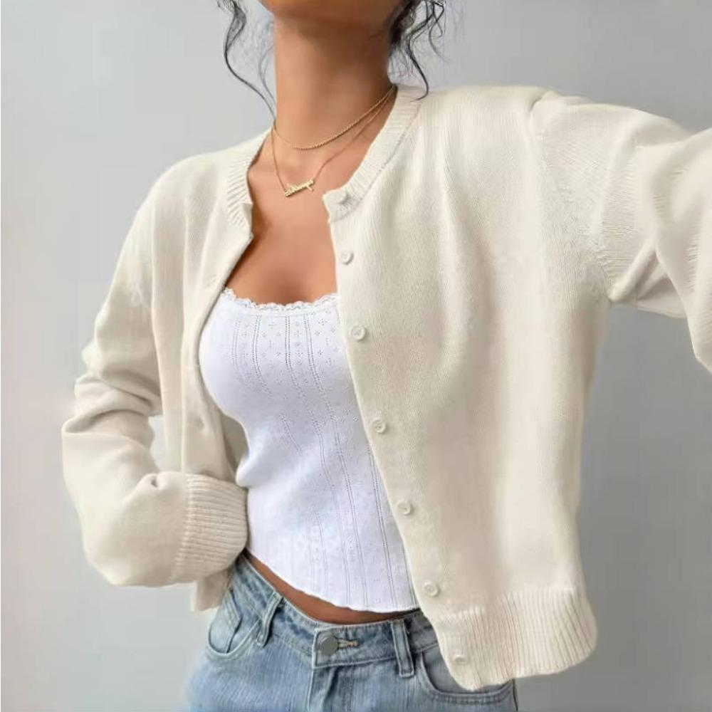 VAYLA Basics Ležérní jednobarevný kulatý výstřih dlouhý rukáv volný zkrácený dámský svetr kardigan