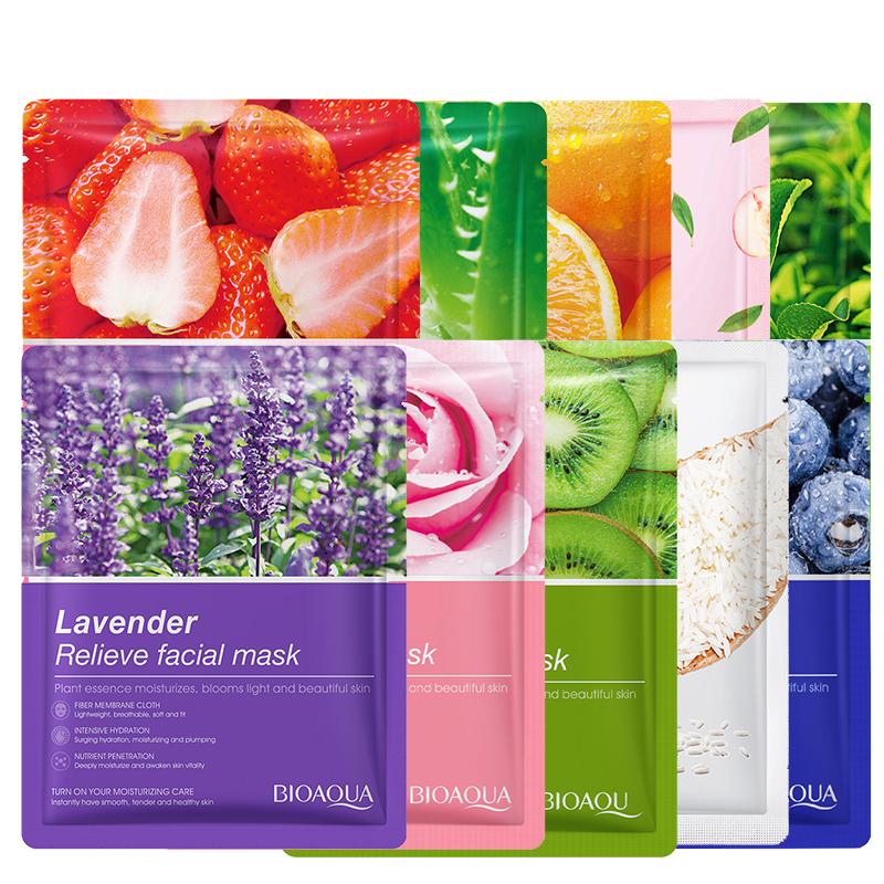 20Pcs Natural Fruit Plant Facial Mask Sheets Moisturizing Oil-Control Blueberry Cucumber Pomegranate Aloe Mask Korean Cosmetics