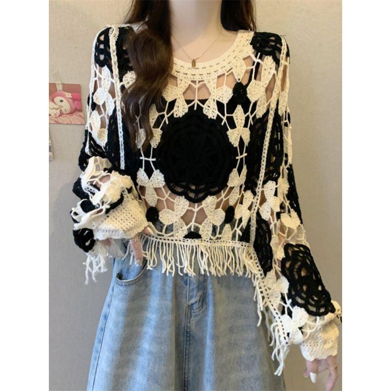Fall New Arrival Plus Size Women's Crochet Cut Out Long Sleeves Knitwear Slim Fit Slimming Unique Stylish Tassel Tops