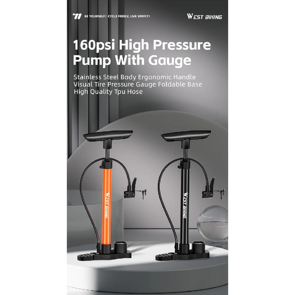 WEST BIKING High Pressure Bicycle Air Pump With Pressure Gauge 160 PSI Stainless Steel Floor Pump MTB Road Bike Tire Inflator