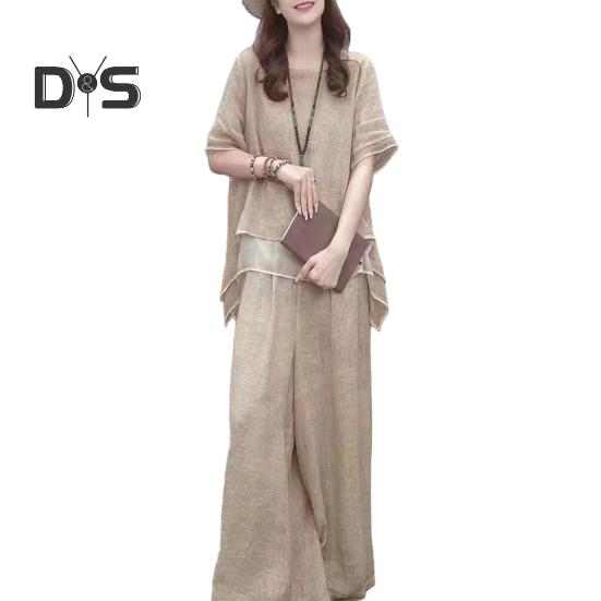 

2 шт./комплект женский топ брюки комплект круглый вырез половина рукава неровный подол блузка широкие брюки эластичный пояс широкие брюки повседневный досуг свидание наряд M хаки