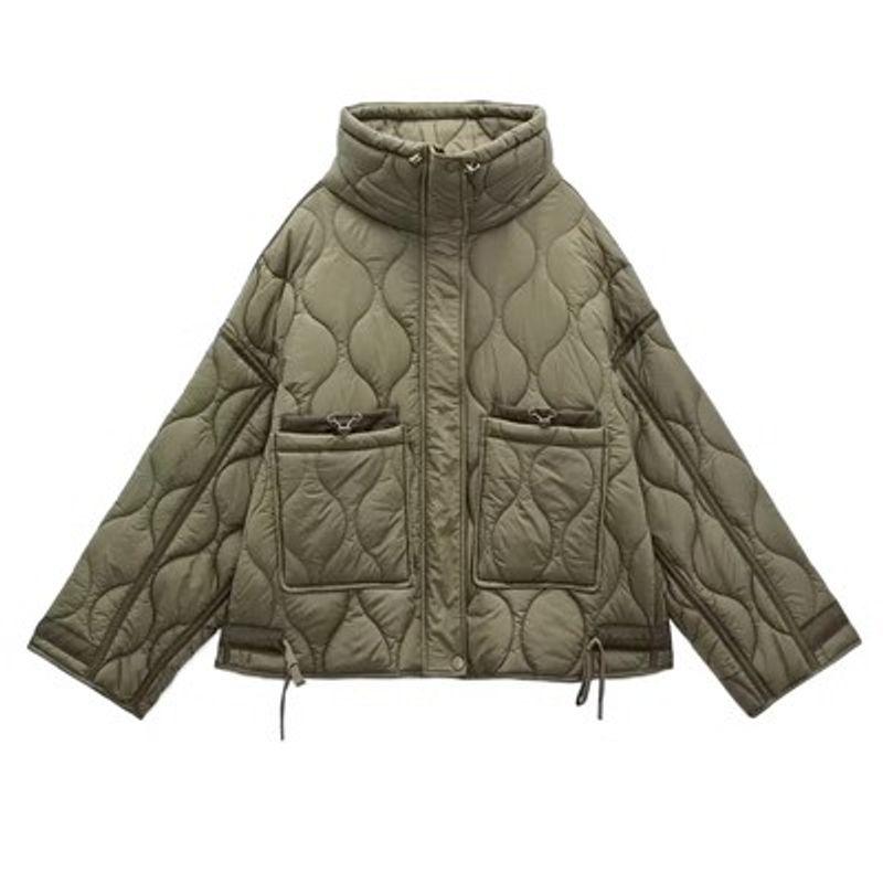 Autumn and Winter New Pocket Decoration Loose Long Sleeve Stand Collar Small Rhombus Cotton-padded Jacket Jacket 2969253