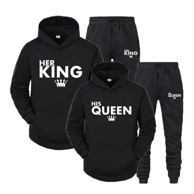 Lover Her QUEEN or His KING Printed Tracksuits Couple Hoodies Outfit Suits Casual Hooded Sweatshirt + Sweatpants Two Piece Set Sport Wear Men’s
