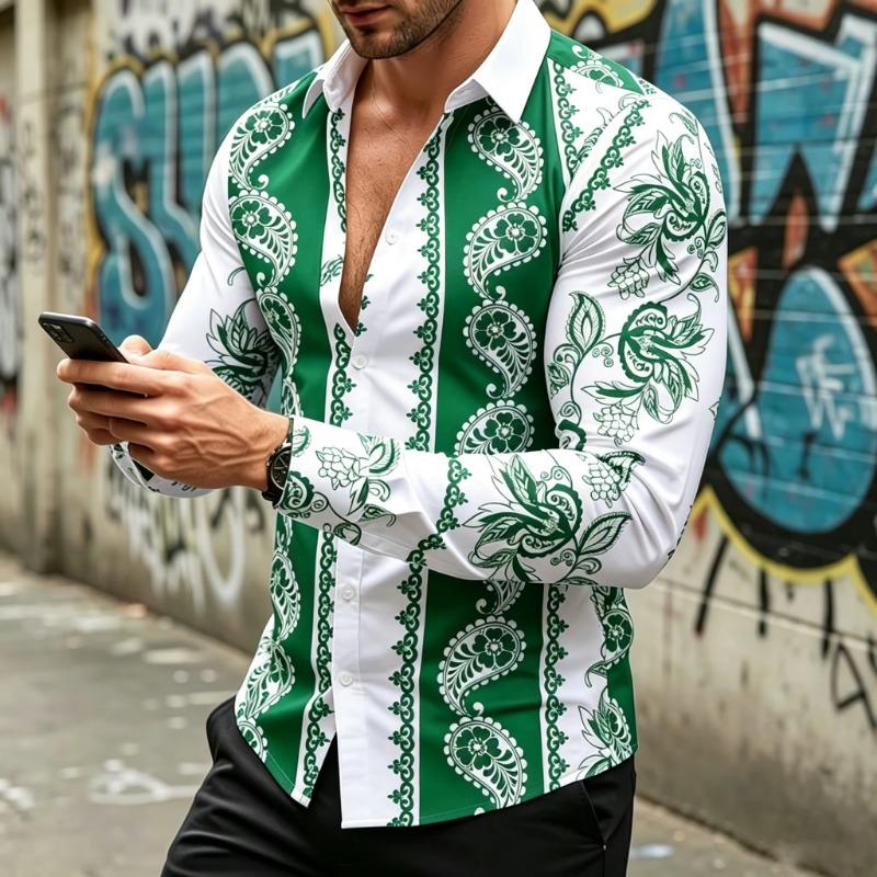 Men's long-sleeved collared shirt, ethnic print, flowy shirt, plus size street style casual cardigan top