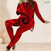 Women Plus Size Black Teal Gold Printed Two Piece Set Round Neck Long Sleeve Longline Top And Fitted Pants