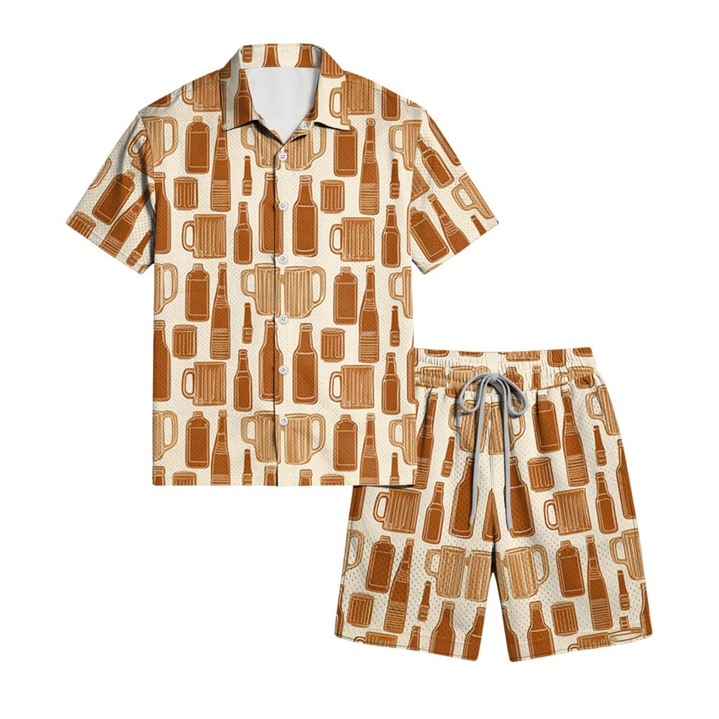 Men's Casual Short Sleeve Shirt and Shorts Set Beer Festival Print Lightweight Breathable Summer Outfit for Outdoor Activities