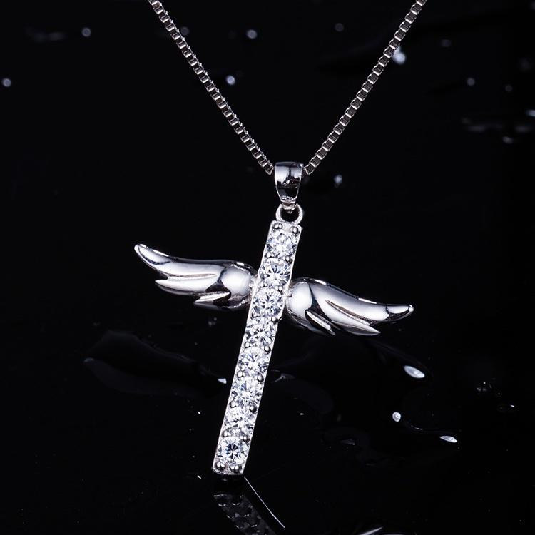 Elegant Silver Women Cross Love Angel Heart Wing Pendant Necklace For Stylish Ladies