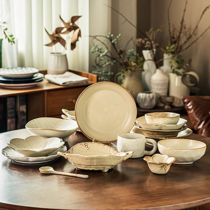 Grobkeramik Geschirrkollektion Tee-Serie Schüsselset Retro Haushalt Große Schüssel Teller Keramikteller