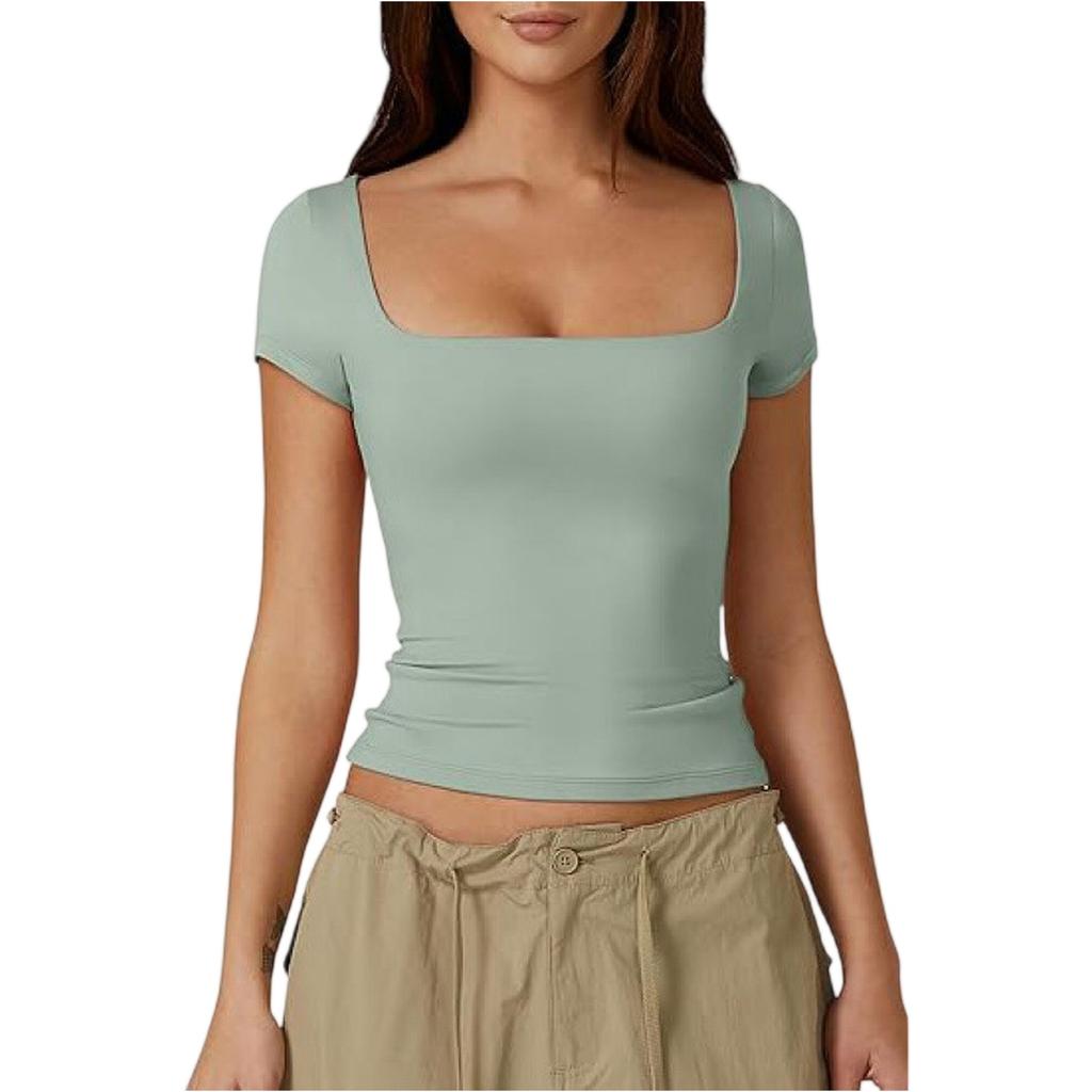 Women's Summer Square Neck Sexy Slim Fit Short Sleeve T-Shirt