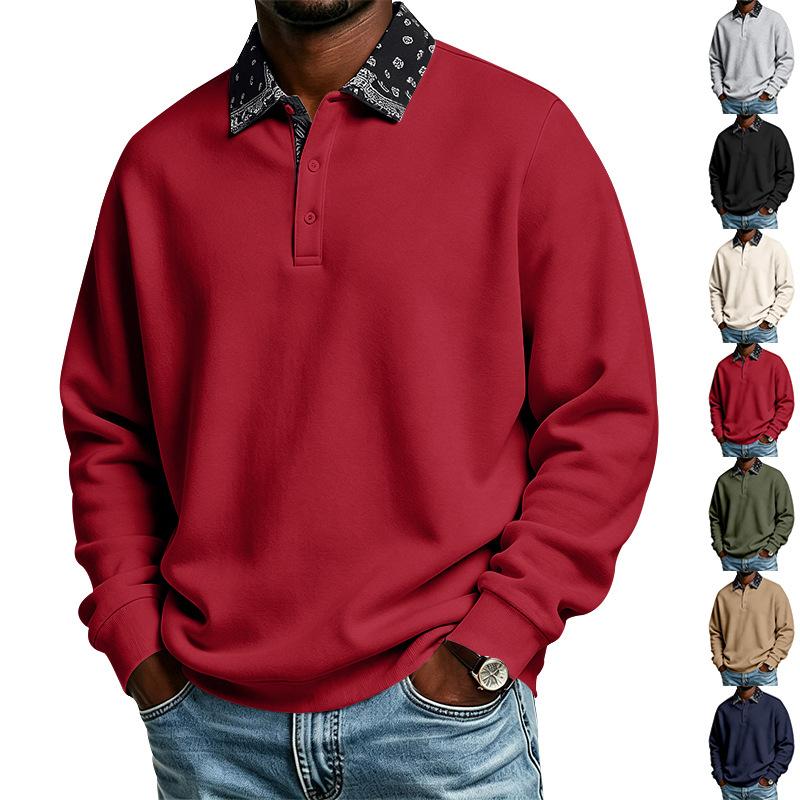 Mens Paisley Pattern Fleece Long Sleeve Polo Shirt American High Street Style