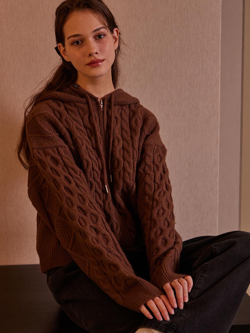 Belloel Daily Cable Knit Zip-Up Hoodie Brown Free