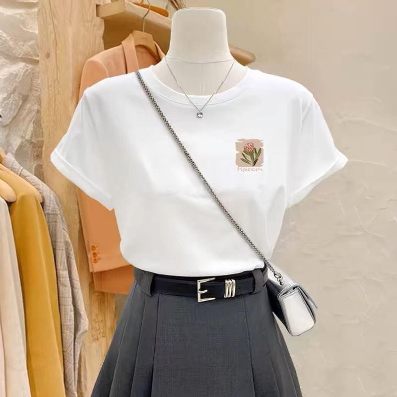 

женская футболка из чистого хлопка белая с коротким рукавом лето 2025 новый топ с рукавом до локтя свободный зарубежный стиль ранняя весна базовая футболка S