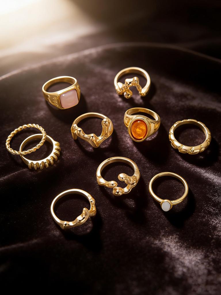 Vintage-style Irregular Metal Ring Set, Light Luxury Gold-colored Faux Gemstone Rings