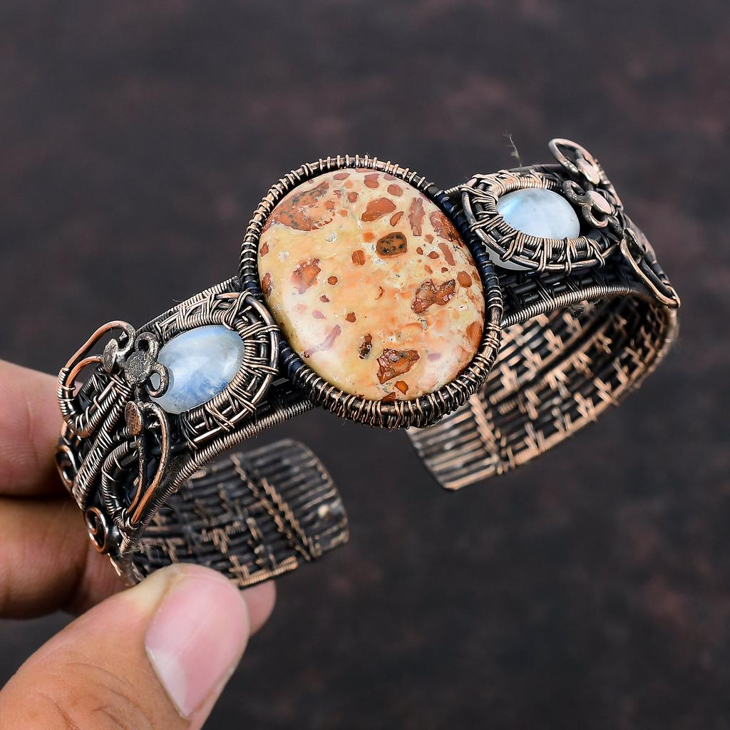 Asteroid Jasper Cuff Bracelet Copper Wire Wrapped Bangle Gemstone Adjustable Cuff Bracelet Rainbow Moonstone Bangle Handmade Designer Bangle