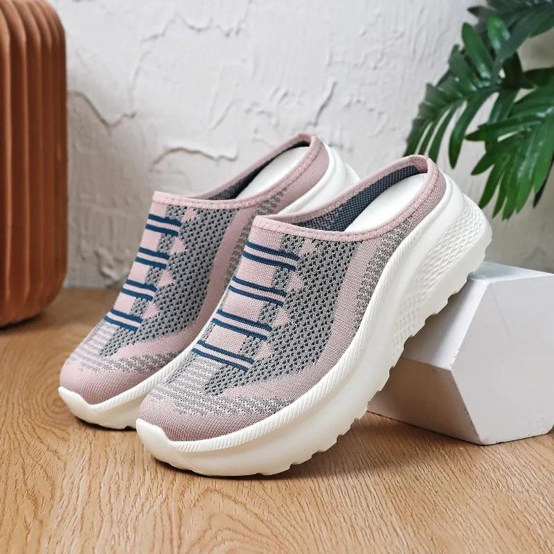 Knitted Mesh Walking Shoes Women Fashion Thick Sole Slippers Lightweight Soft Casual Footwear for Traveling Height-increasing