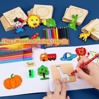 1Set Kids Drawing Toys Wooden DIY Painting Template Stencils Learning Educational Toys for Children Gift