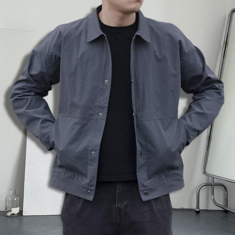 Autumn Winter Men Cargo Coat Solid Color Turndown Collar Windproof Korean Style Relaxed Fit Jacket for Working
