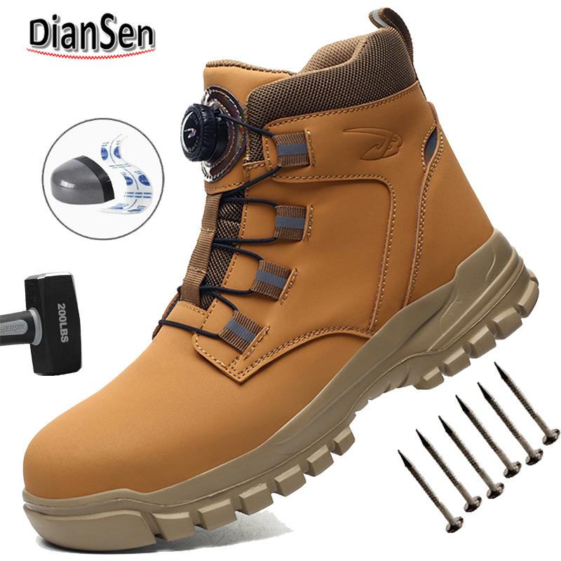 Unisex Protective Work Shoes Steel Toe Light Safety Boots Water-Resistant Anti-Puncture Construction Shoes with Rotary Button