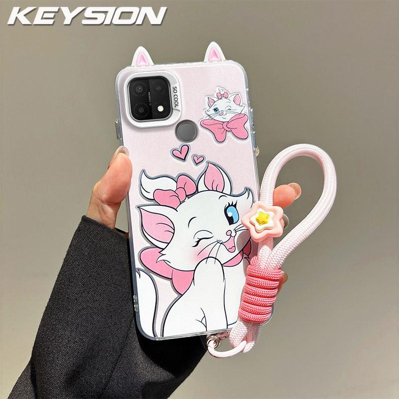 

KEYSION Милий мультяшний чохол з вушками для OPPO A15 зі шнурком М який силікон+ПК Ударостійка задня кришка для телефону для OPPO A15S for OPPO A15