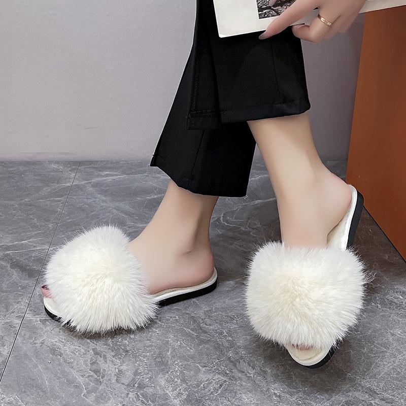 Moda Nowe Damskie Kapcie Okrągły Nosek Płaskie Buty dla Kobiet Wsuwane Płytkie Buty Outdoorowe Codzienne Jednokolorowe Pluszowe Kapcie z Odkrytymi Palcami