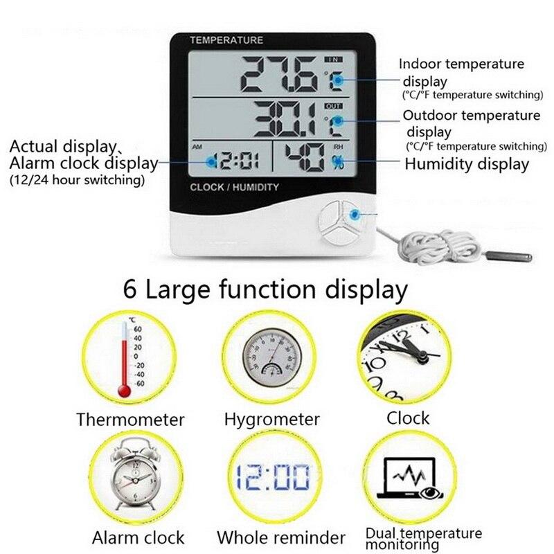 2 In1 LCD Digital Temperature Humidity Meters Home Indoor Outdoor Thermometer with Clock