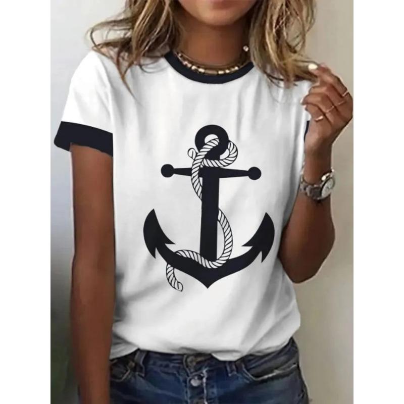 Women's 3D Printed T-Shirt Colorful Striped Boat Anchor Pattern Print Short Sleeve O-Neck Pullover Casual Top