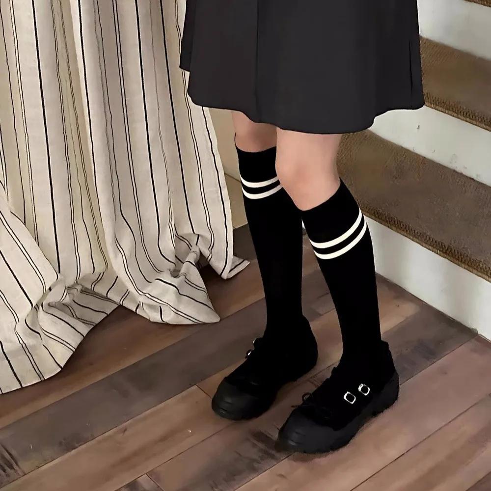 Japanese JK Knee High Socks Kawaii Striped Black White Cotton Long Tube Stockings for Women Girls Students Fashion Leg Warmers