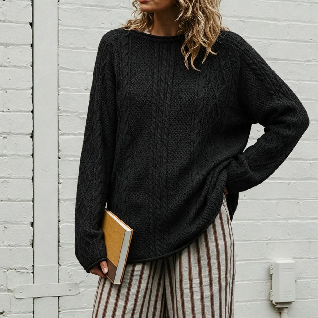 Women's Cable Knit Sweater, Color Long Sleeve Pullover for Fall Winter Casual Wear