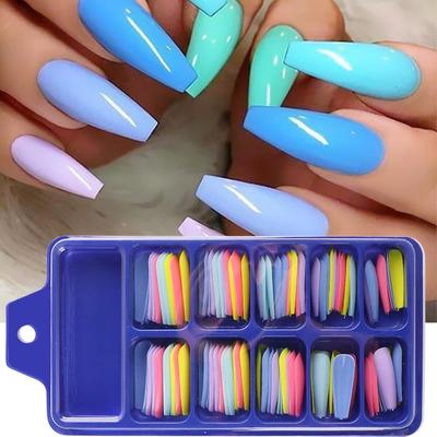 100Pcs Colorful Acrylic False Long Coffin Nails Fake Nails Flat Shape Art Tips Natural Full Cover Fake Nail Tips Manicure Tools