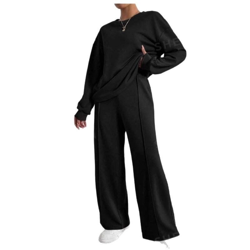 New Fall/Winter Solid-Color Round-Neck Long-Sleeve Top and Long Pants Set for Women: A Stylish Two-Piece Outfit