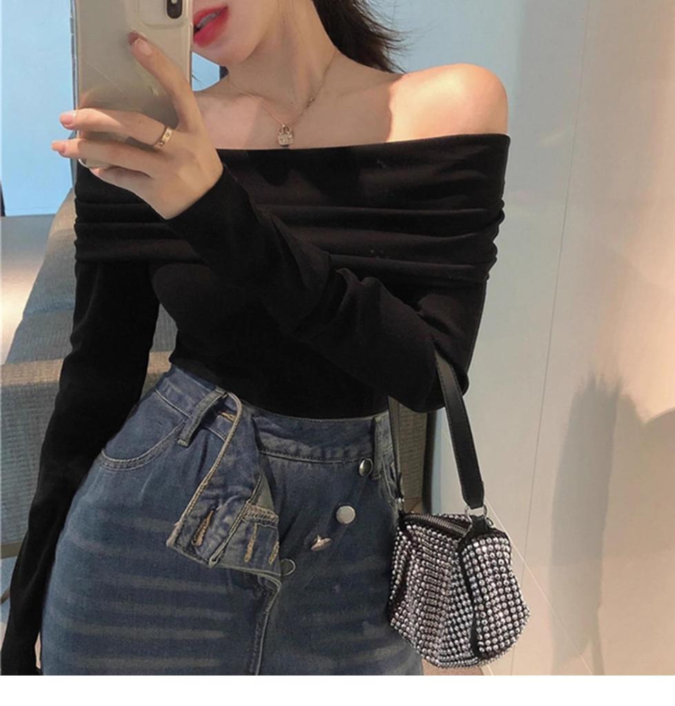 Women's One-Shoulder Slim Fit Long Sleeve T-Shirt - Sexy Cold-Weather Base Layer Top