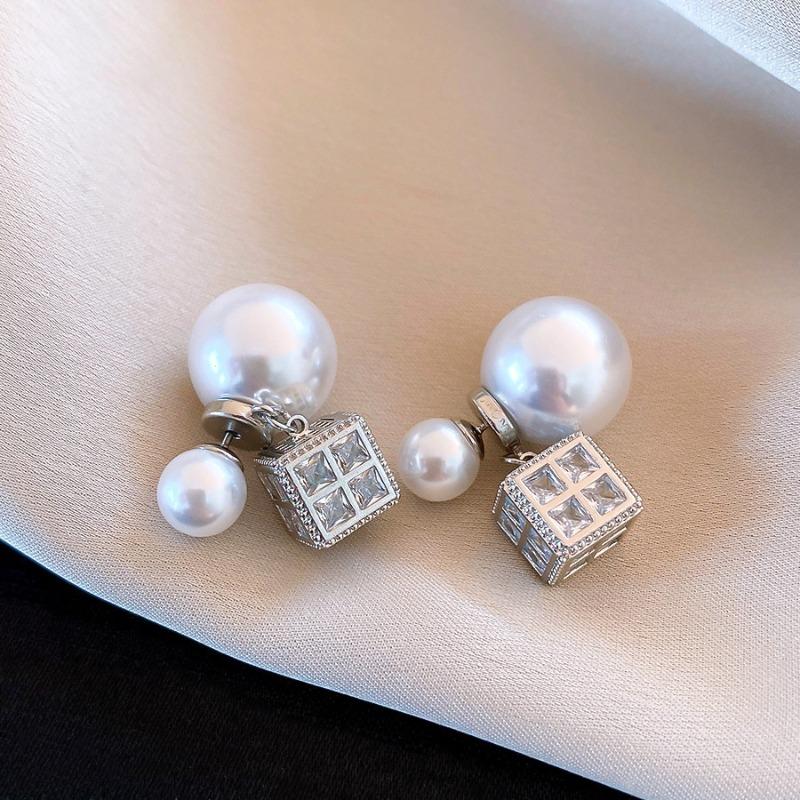 Silver Needle Multi-layer Letter Twill Zircon Pearl Earrings Medieval Vintage Light Luxury Stud Earrings Versatile Earrings