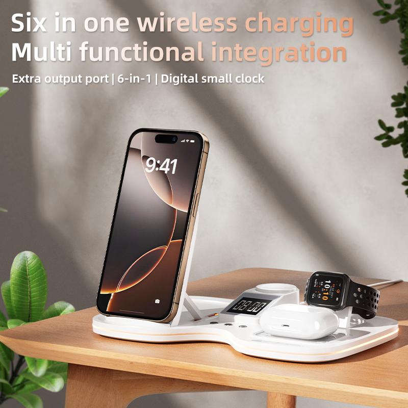 Custom logo Corporate Gift Multifunctional 15W Fast Charger Alarm Clock RGB Ambient Night Light 6 in 1 Wireless Charger Foldable