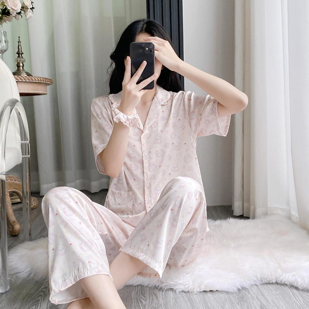 Women's Cute Cartoon Ice Silk Pajama Set - Short-Sleeved Three-Piece Summer Loungewear (TX0043)