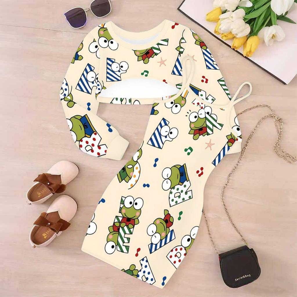 Girls Cartoon 2 Piece Outfits, Long Sleeve Crop Top + Spaghetti Strap Bodycon Dress, Light Fresh Cartoon Print Party Dress Set