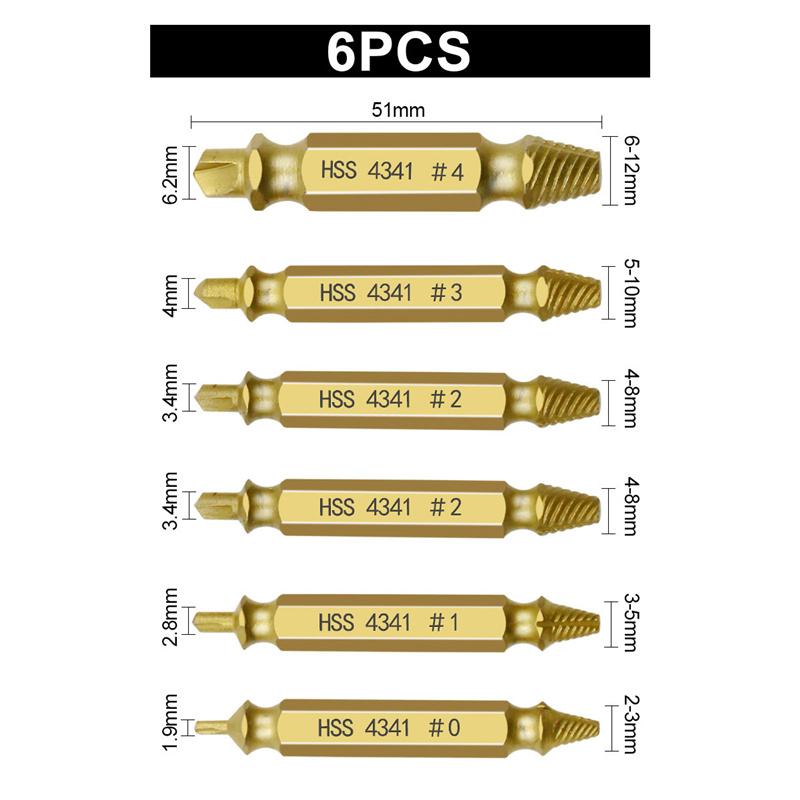 6pcs/Set Damaged Screw Extractor Drill Bit Extractor Drill Set Broken Speed Out Bolt Extractor Bolt Stud Remover Tool