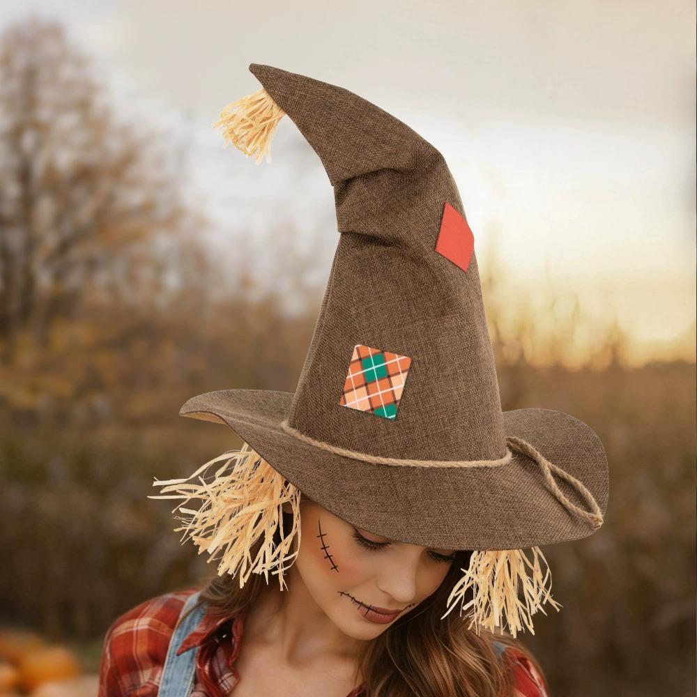 New Halloween Scarecrow Patch Witch Hat Halloween Witch Hat Cosplay Pointy Straw Witch Hat Festive Costume Accessory Party Props
