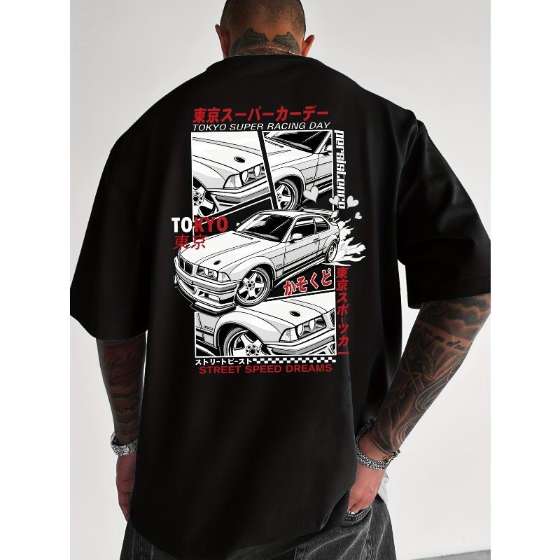 Men's Japanese Streetwear Graphic T-Shirt - Loose Fit Round Neck Summer Tee, Lightweight Breathable Fabric for Car Enthusiasts & Casual Outfits