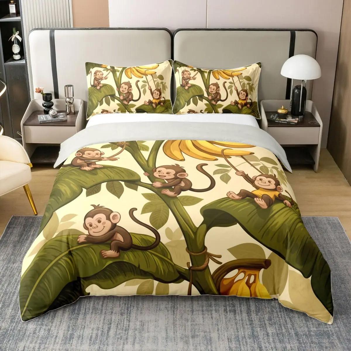 Housse de couette singe pour enfants Ensemble de literie animalier amusant Housse de couette botanique naturelle Taille Double King pour chambre d'enfants Garçons Filles EU Single(135x200cm)
