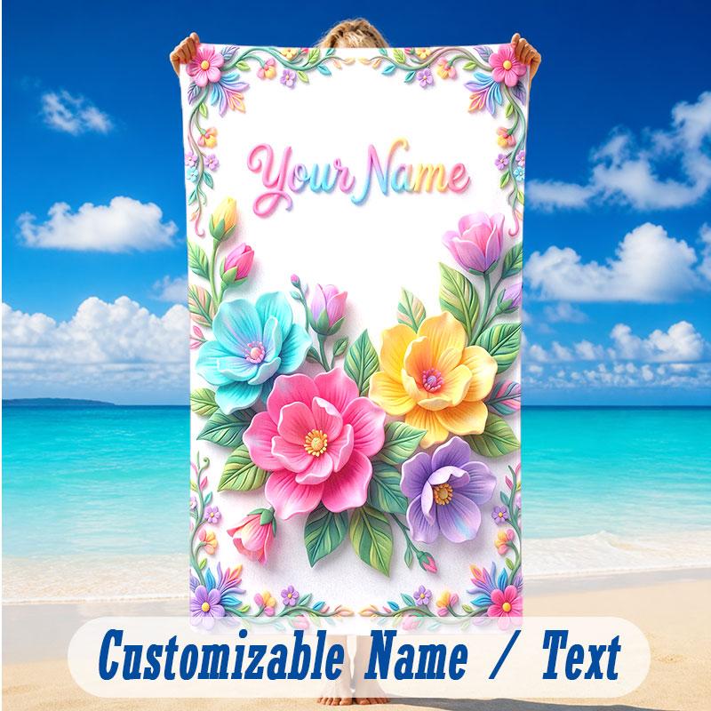 Floral Garden Theme Beach Towel Personalized Custom Name & Text Soft Quick Dry Beach Towel for Swimming Travel