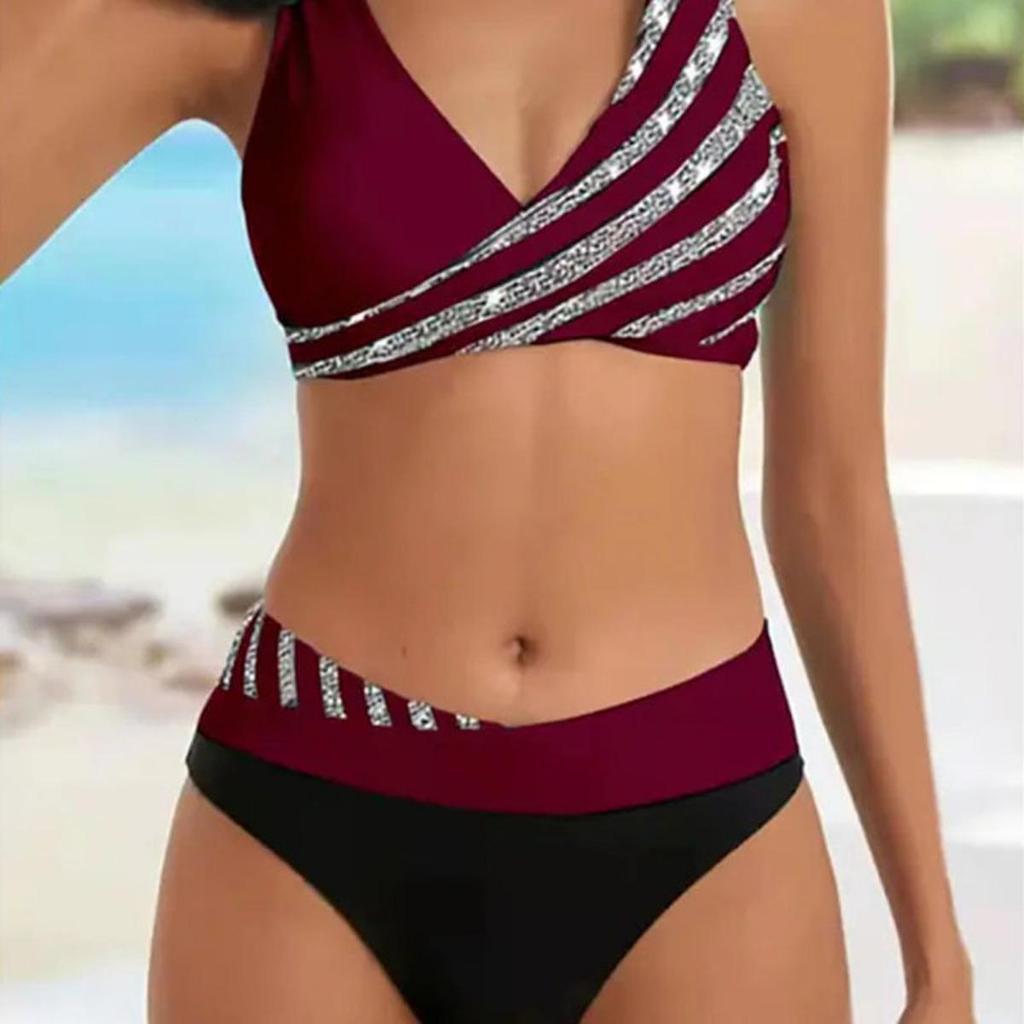 Set Bikini la Modă cu Imprimeu în Dungi, Costum de Baie Sexy din Două Piese, Costum de Baie cu Stil Fermecător