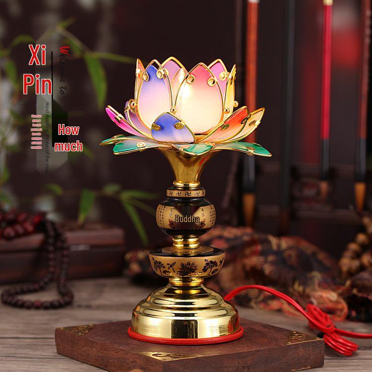 Colorful Lotus Plug-in Everlasting Offering Lamp for Buddha - Religious Gift Lamp