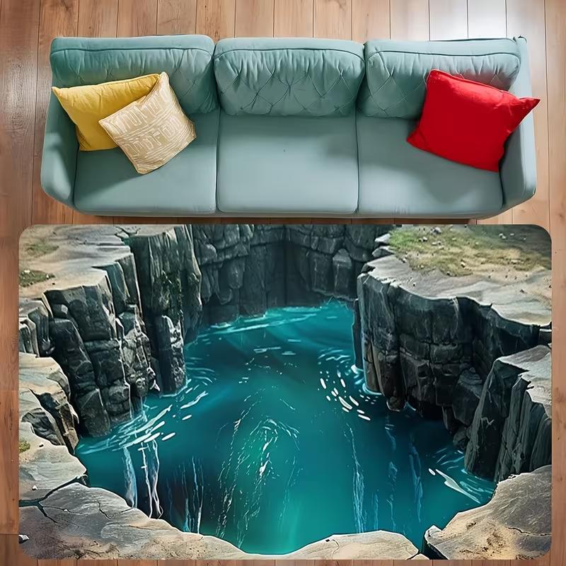 

2D Waterfall Landscape Area Rug Realistic Forest Creek Nature Scenery Floor Mat Soft Non-Slip Home Decor Carpet for Living Room 40X60CM