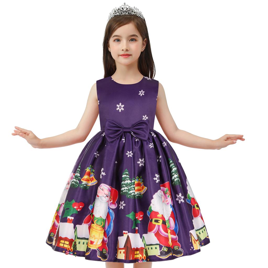 Children's Christmas Dress Cartoon Print Bow Dress Christmas Performance Sparkling Kids Birthday Dress Elegant Soft Party Dress Ball Gown for Girls