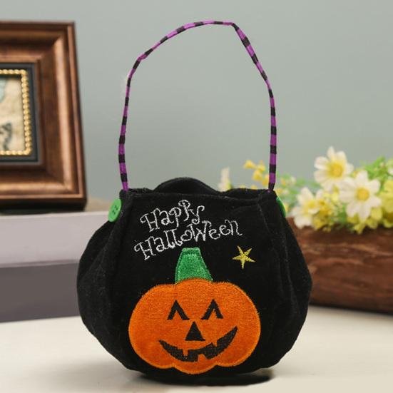 Xiaobudian Halloween Trick or Treat Bucket, 9.8x5.9 Inch Pumpkin Witch Black Cat Plush Tote Bag, Soft Candy Basket with Handle for Party Favors